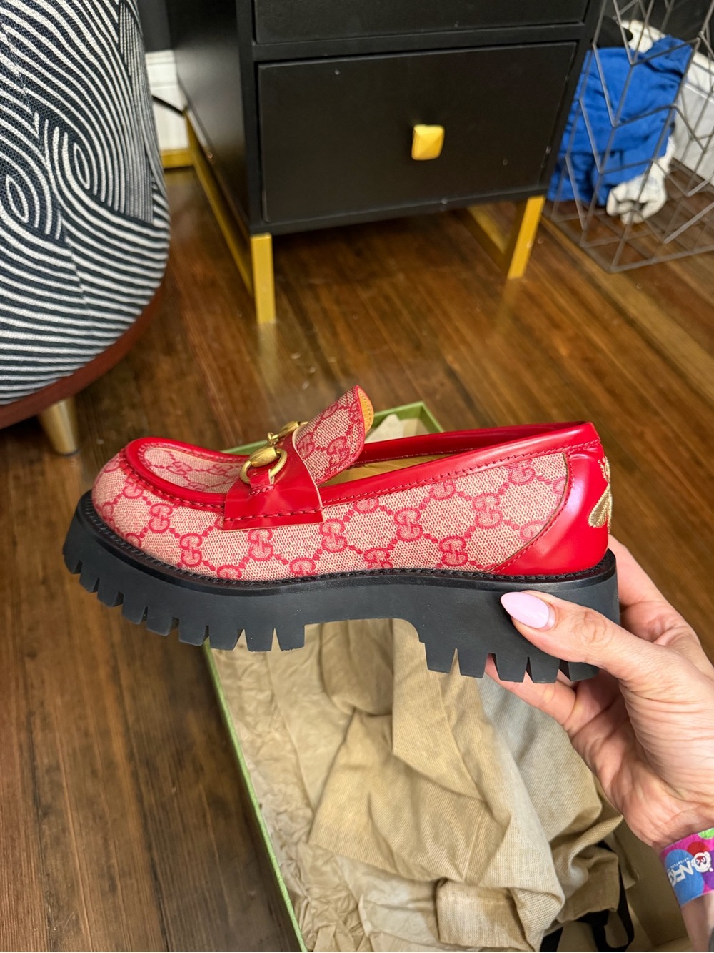 Gucci Red GG Canvas Lug-Sole Loafer with Gold Horsebit
